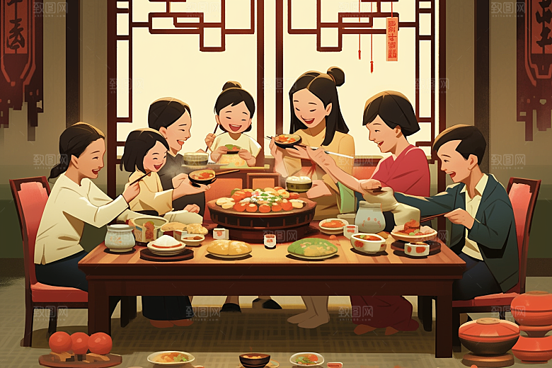 年夜饭高清喜庆插画