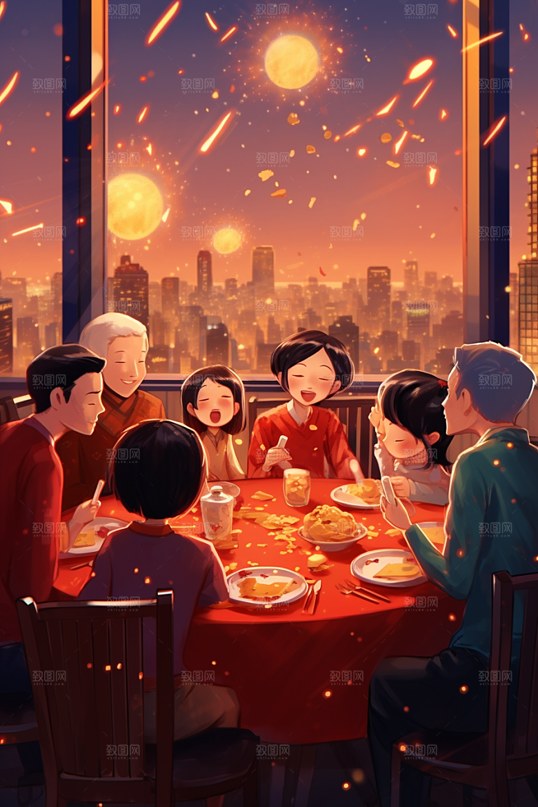 年夜饭喜庆开心插画