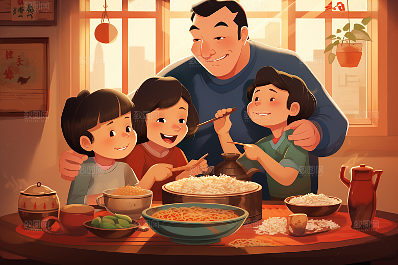 年夜饭阖家幸福开心插画