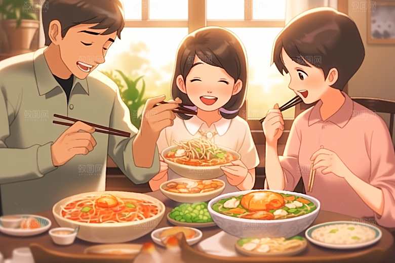 年夜饭喜庆团圆饭插画