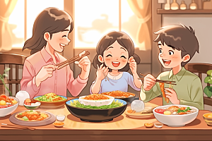 年夜饭阖家幸福团圆饭插画