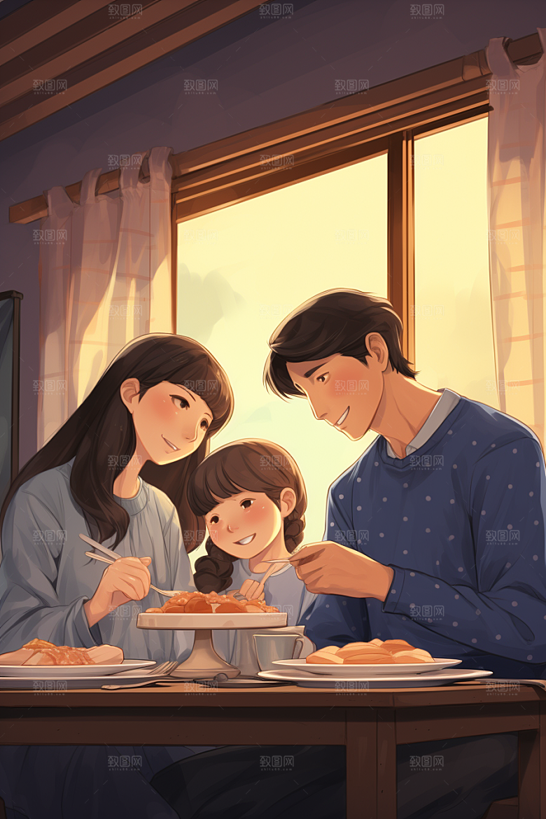 年夜饭温馨团圆饭插画