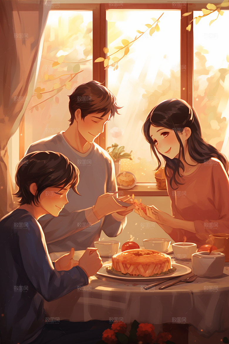 年夜饭开心喜庆插画