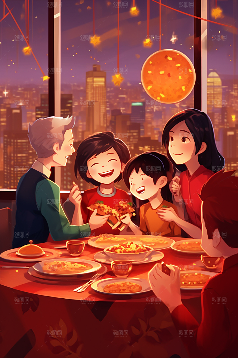 年夜饭手绘快乐插画