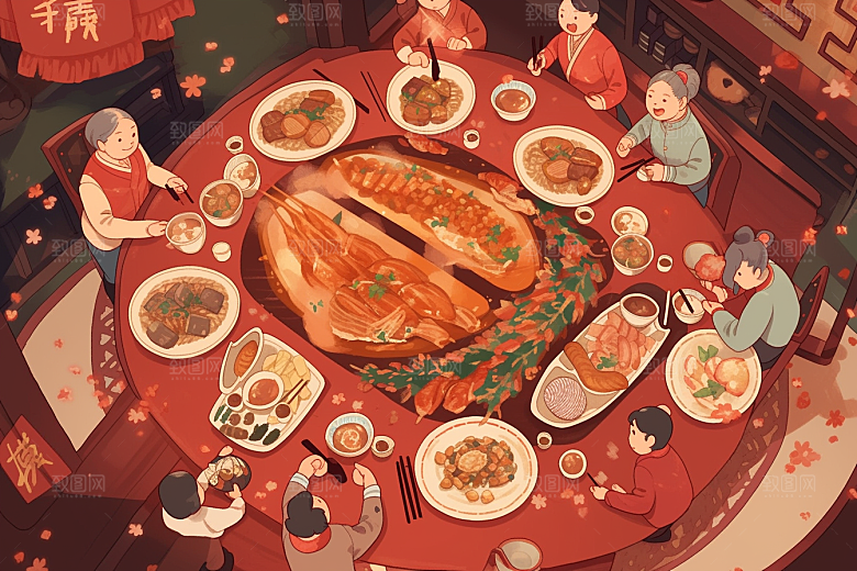 年夜饭开心喜庆插画
