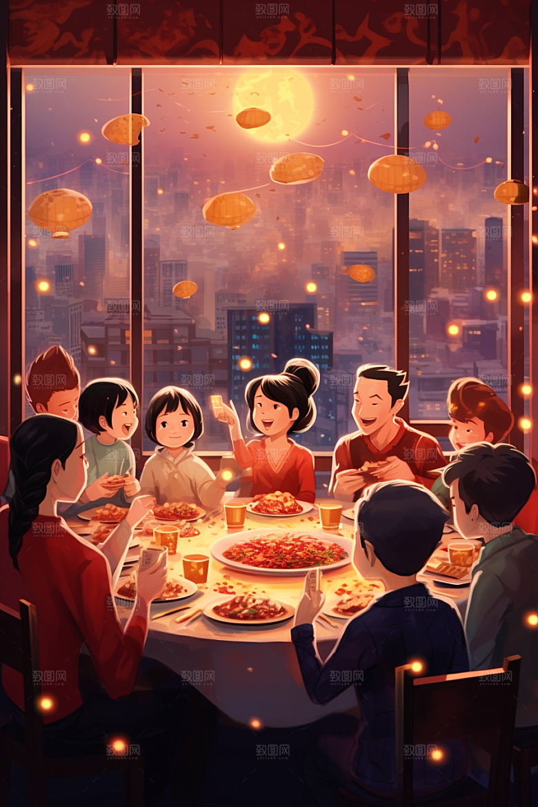 年夜饭亲情快乐插画