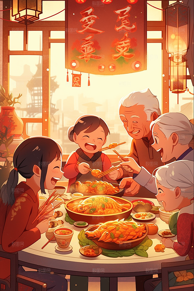 年夜饭春节新年插画