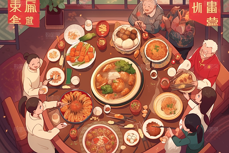 年夜饭喜庆阖家幸福插画