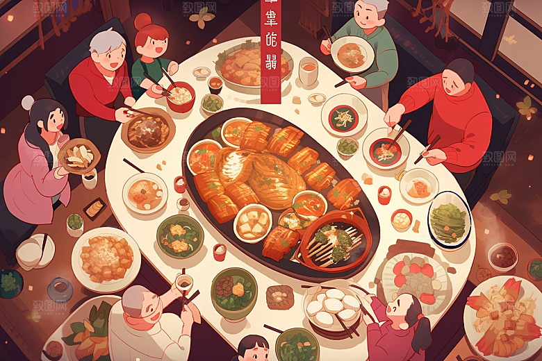 年夜饭新年开心插画