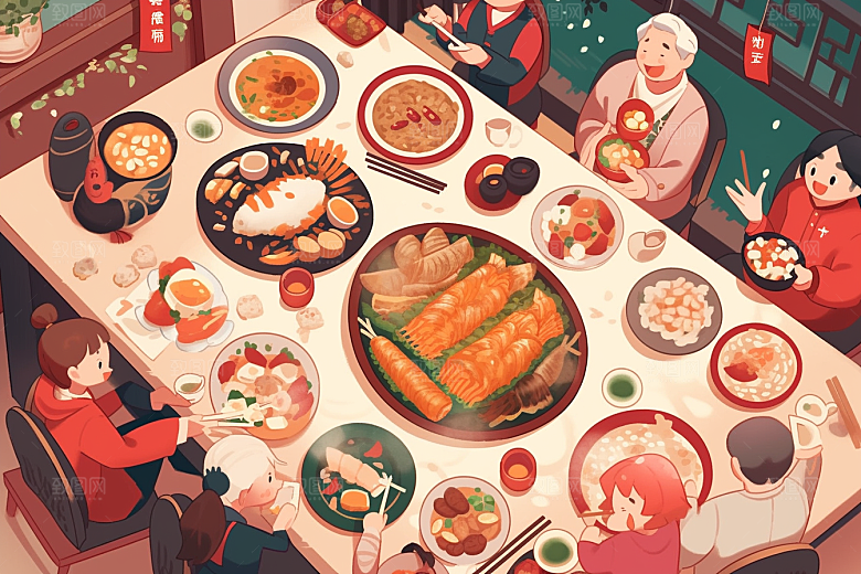 年夜饭开心春节插画