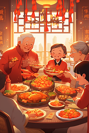 年夜饭阖家幸福春节插画