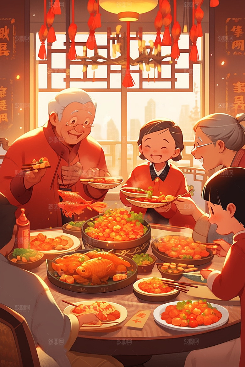 年夜饭阖家幸福春节插画