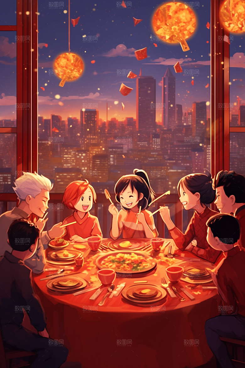 年夜饭开心温馨插画
