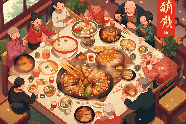 年夜饭亲情高清插画
