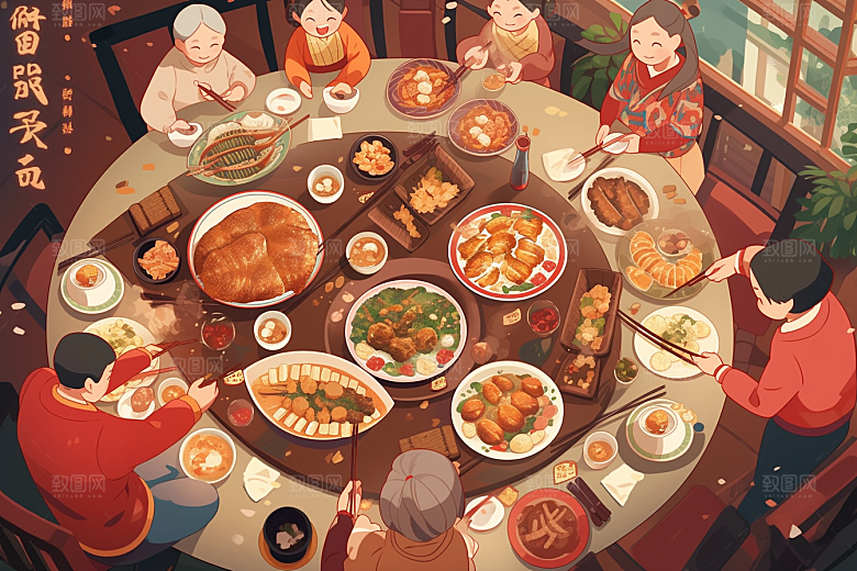 年夜饭新年手绘插画