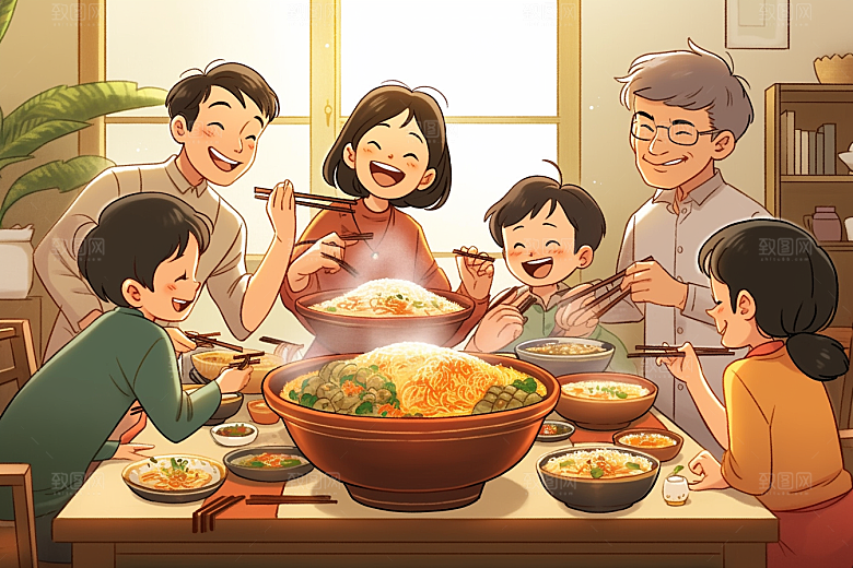年夜饭开心喜庆插画