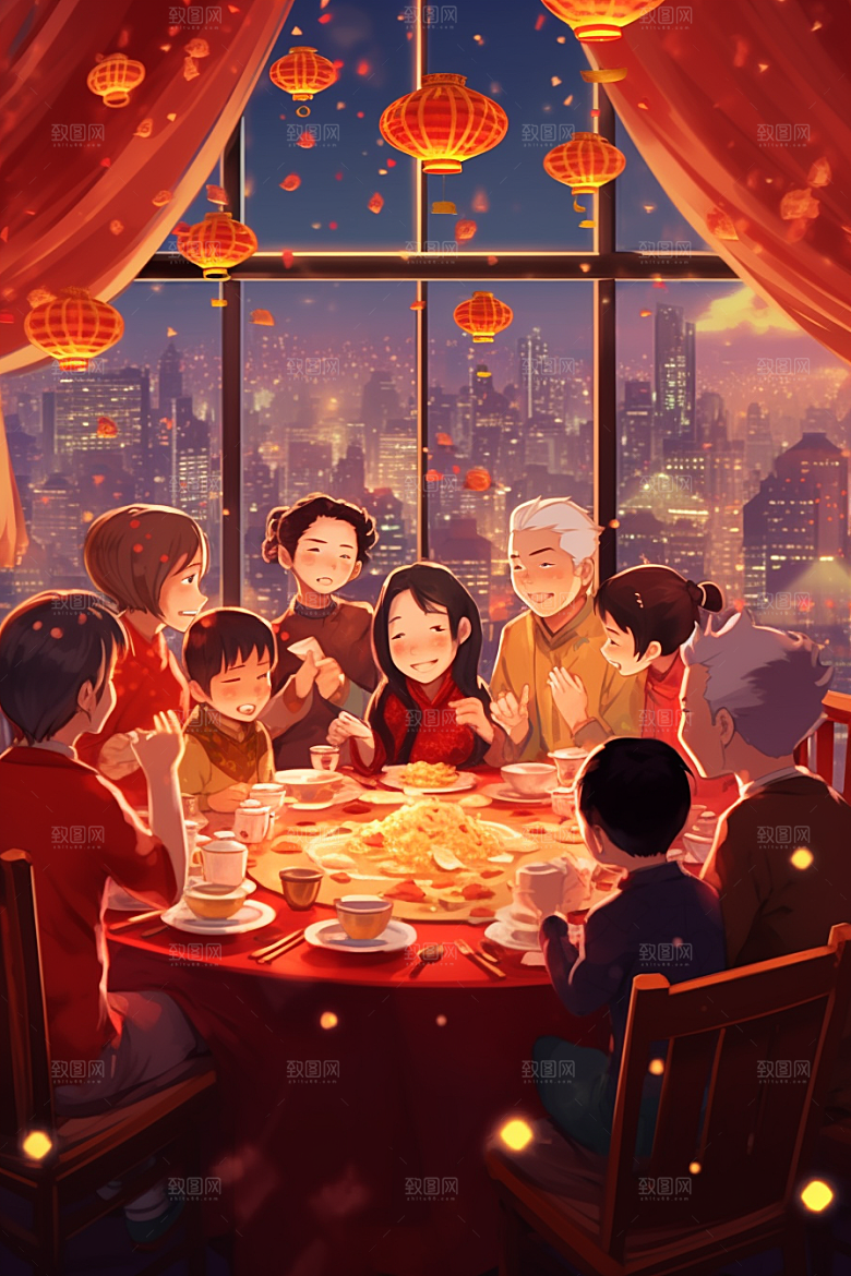 年夜饭亲情温馨插画