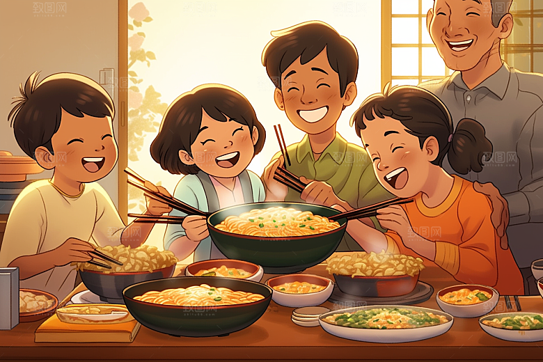 年夜饭亲情新年插画