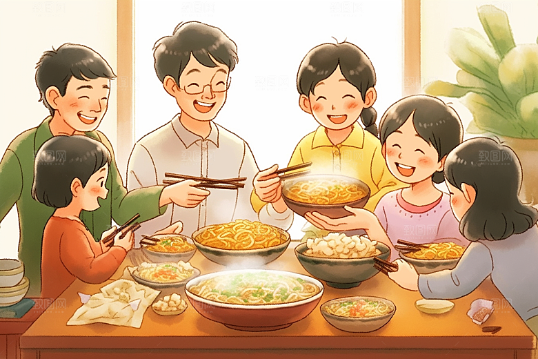 年夜饭亲情春节插画