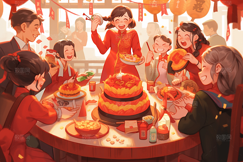 年夜饭手绘阖家幸福插画