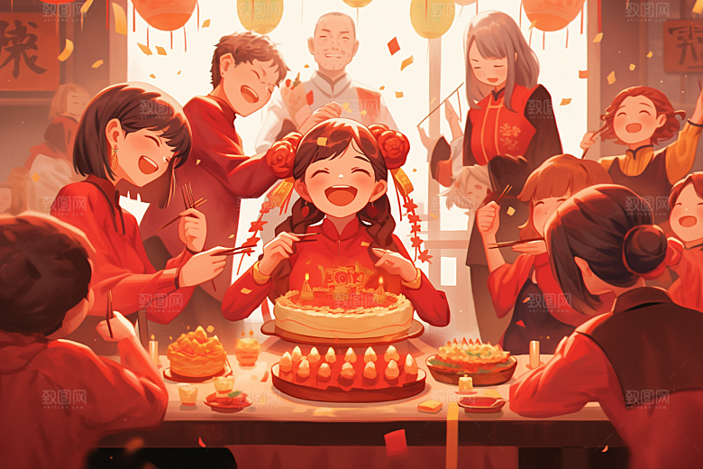 年夜饭手绘快乐插画