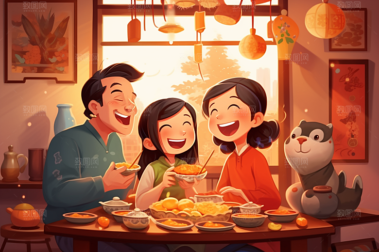 年夜饭开心亲情插画