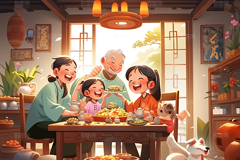 年夜饭温馨开心插画