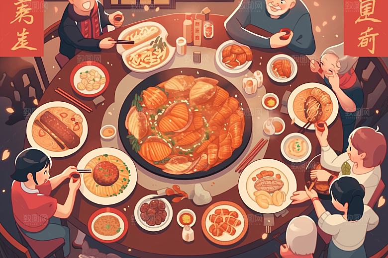 年夜饭喜庆高清插画