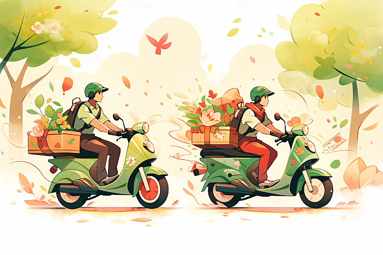 外卖员准时送达快件插画