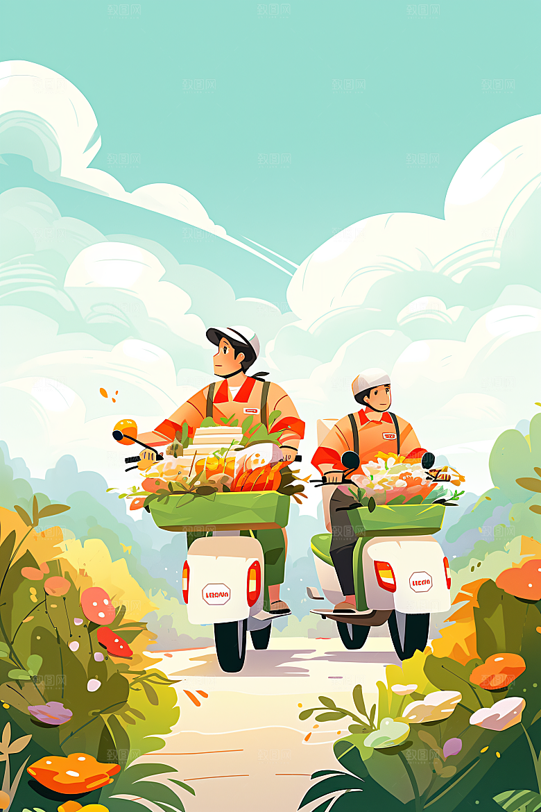 外卖员服务行业手绘插画