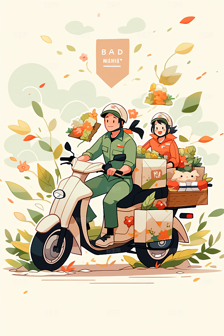 外卖员准时送达手绘插画