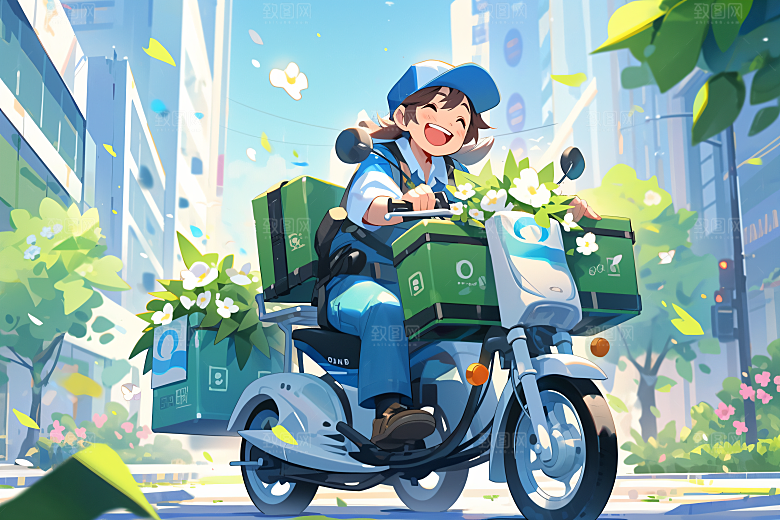 外卖员准时送达快件插画