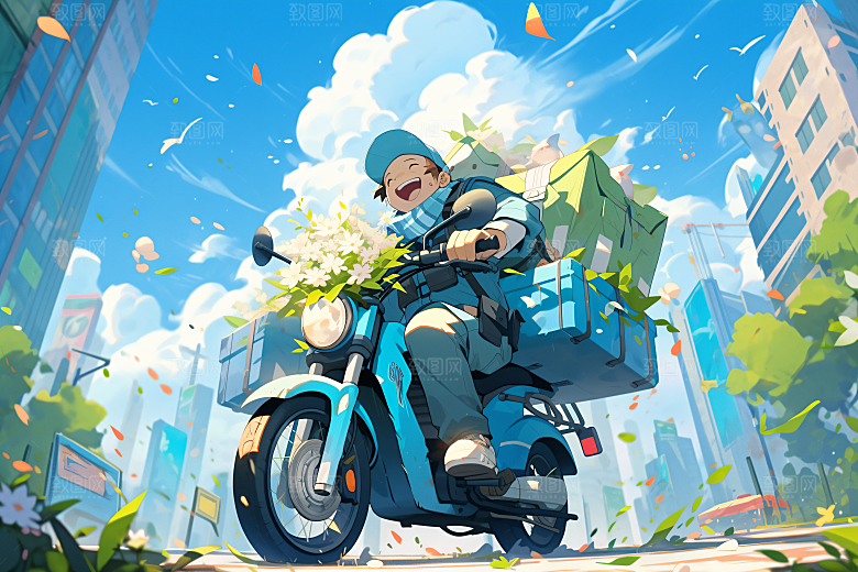 外卖员物流手绘插画