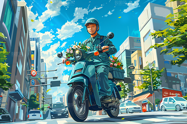 外卖员服务行业高清插画