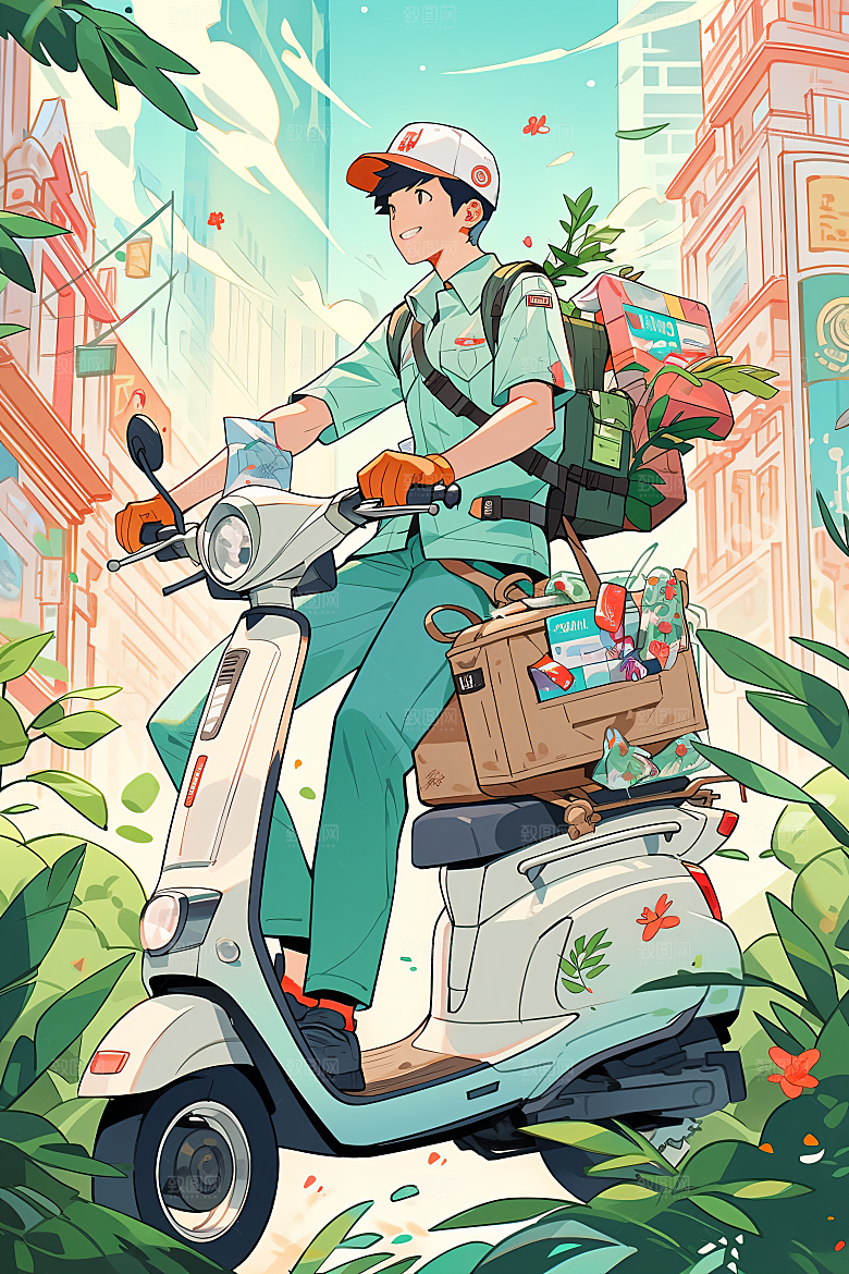 外卖员手绘快件插画