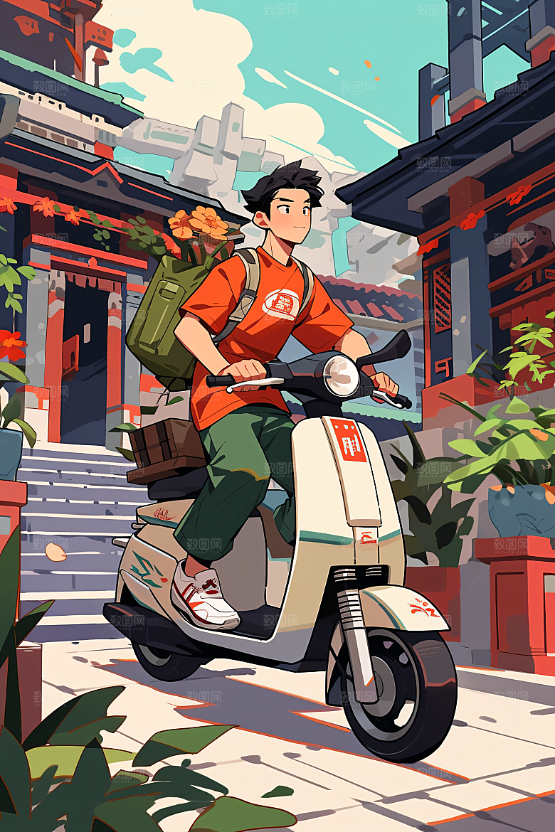 外卖员高清物流插画