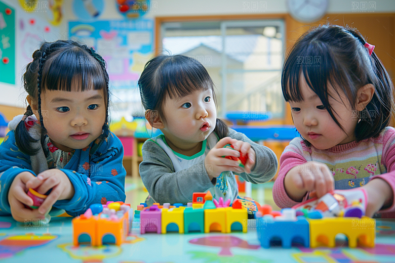 儿童积木搭建游戏摄影图