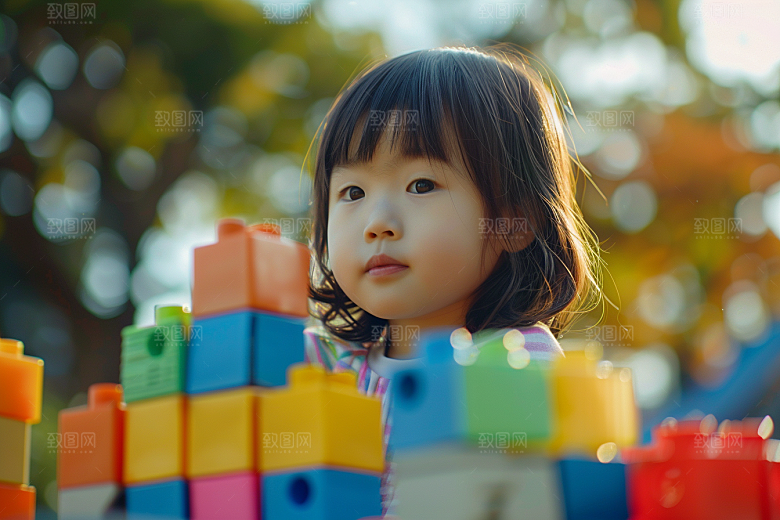 儿童积木游戏搭建摄影图