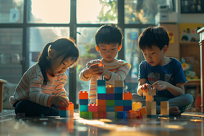 儿童积木搭建游戏摄影图