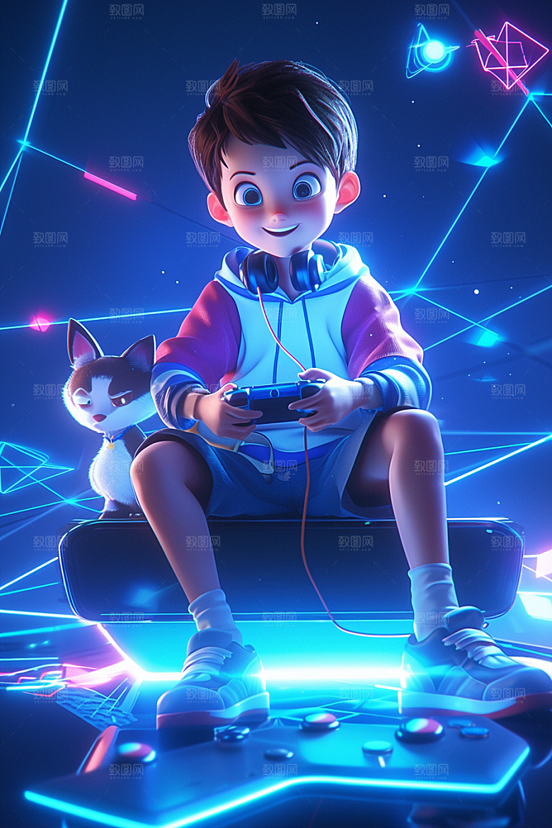打游戏的男孩3D儿童模型