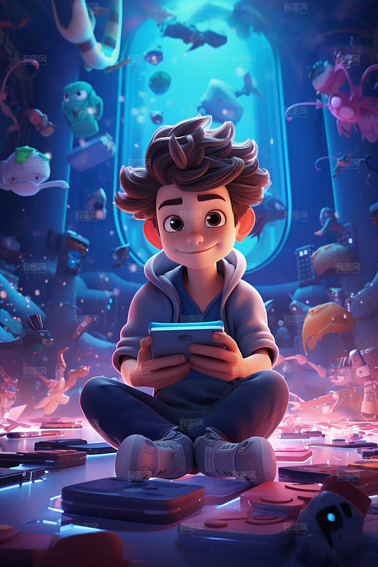 打游戏的男孩3D人物模型