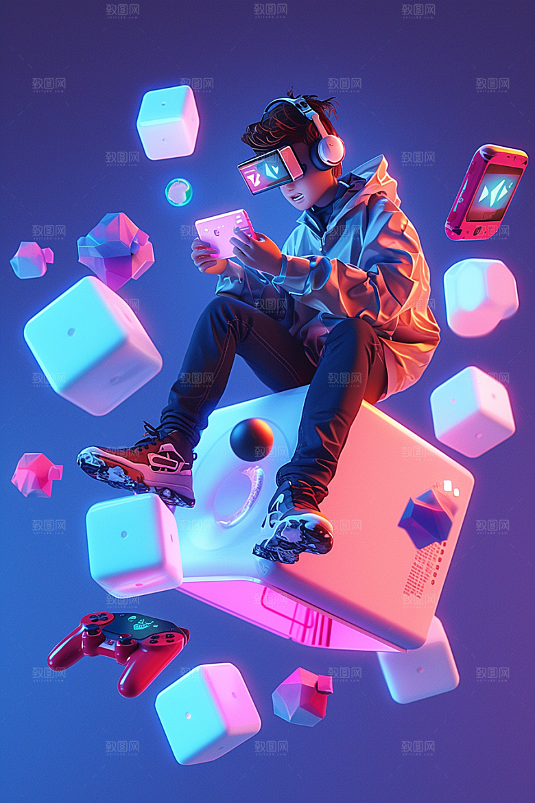 打游戏的男孩游戏机3D模型