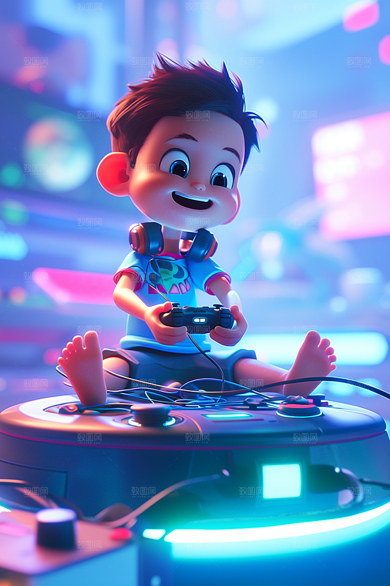 打游戏的男孩3D卡通模型