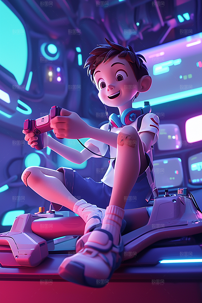 打游戏的男孩卡通3D模型