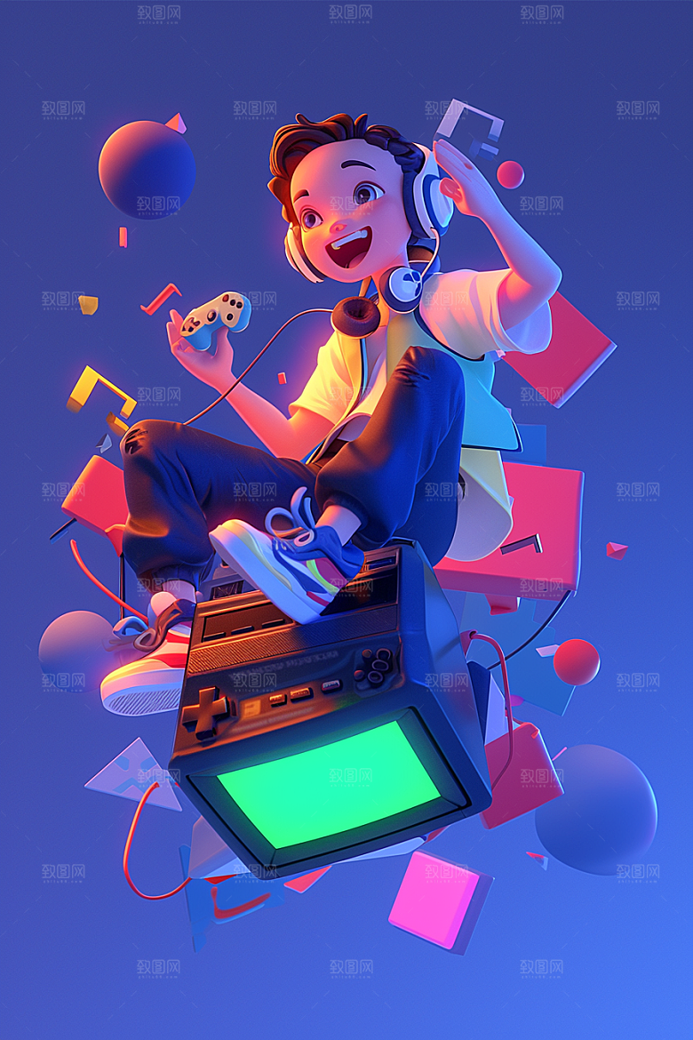 打游戏的男孩3D数码模型