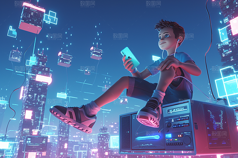打游戏的男孩卡通高清模型