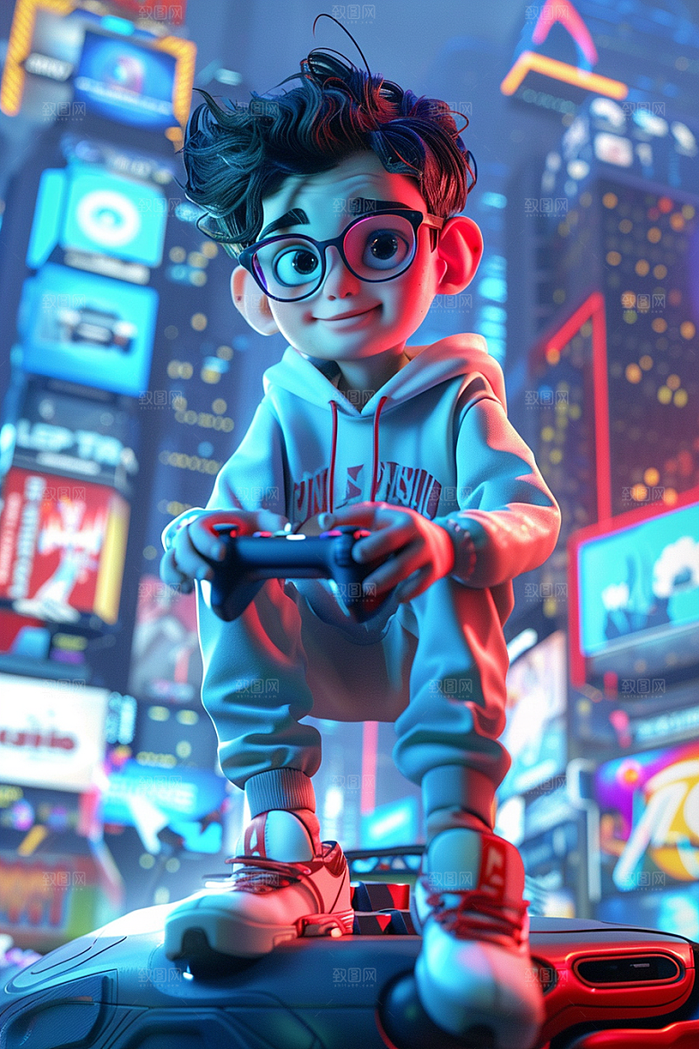 打游戏的男孩数码3D模型