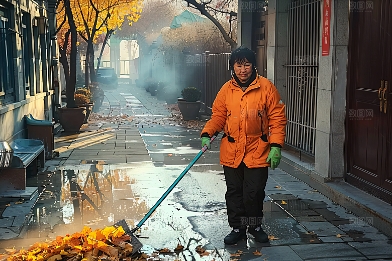 微距环卫工小人劳动摄影图
