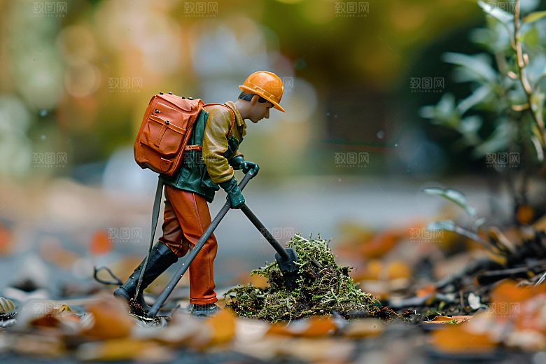 微距环卫工小人高清摄影图