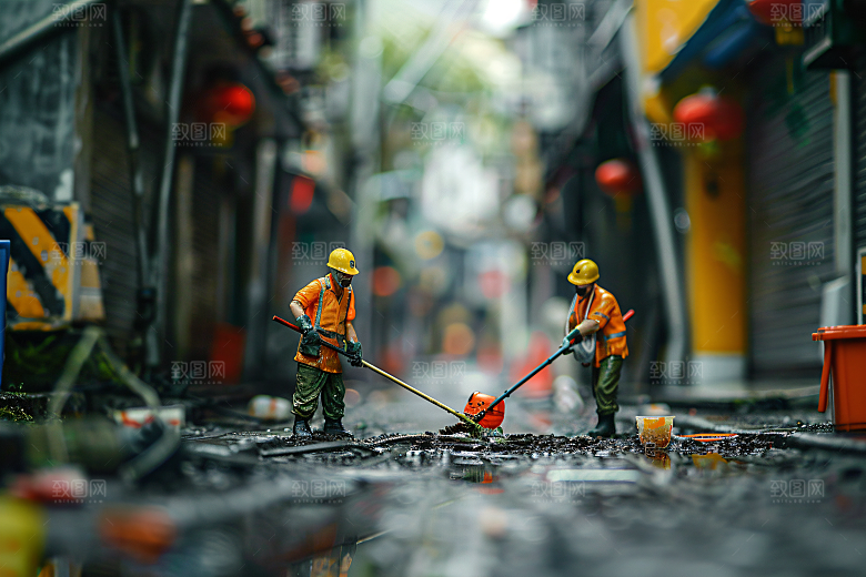 微距环卫工辛苦小人摄影图